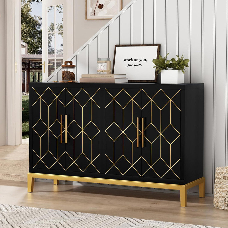 Accent Cabinet with 4 Doors Carved Decorative Sideboard Buffet Cabinet Everly Quinn Color Black